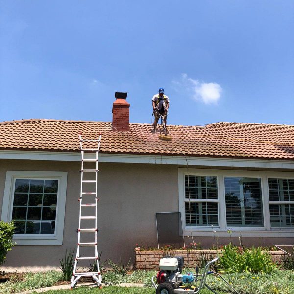 A Big Wave service professional performing roof cleaning and restoration